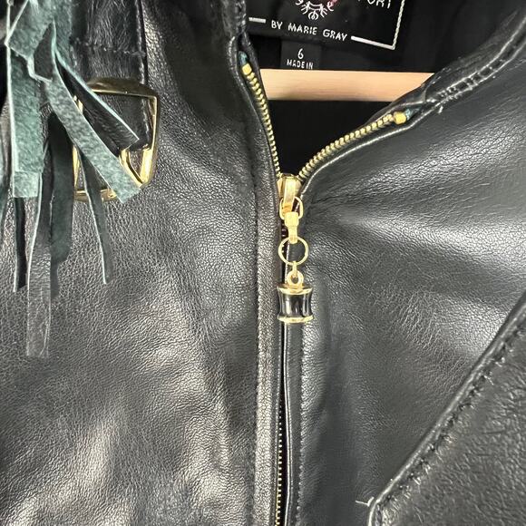St. John Sport By Marie Gray SZ 6 Black Leather Jacket Removable Fringe Collar - Picture 11 of 16